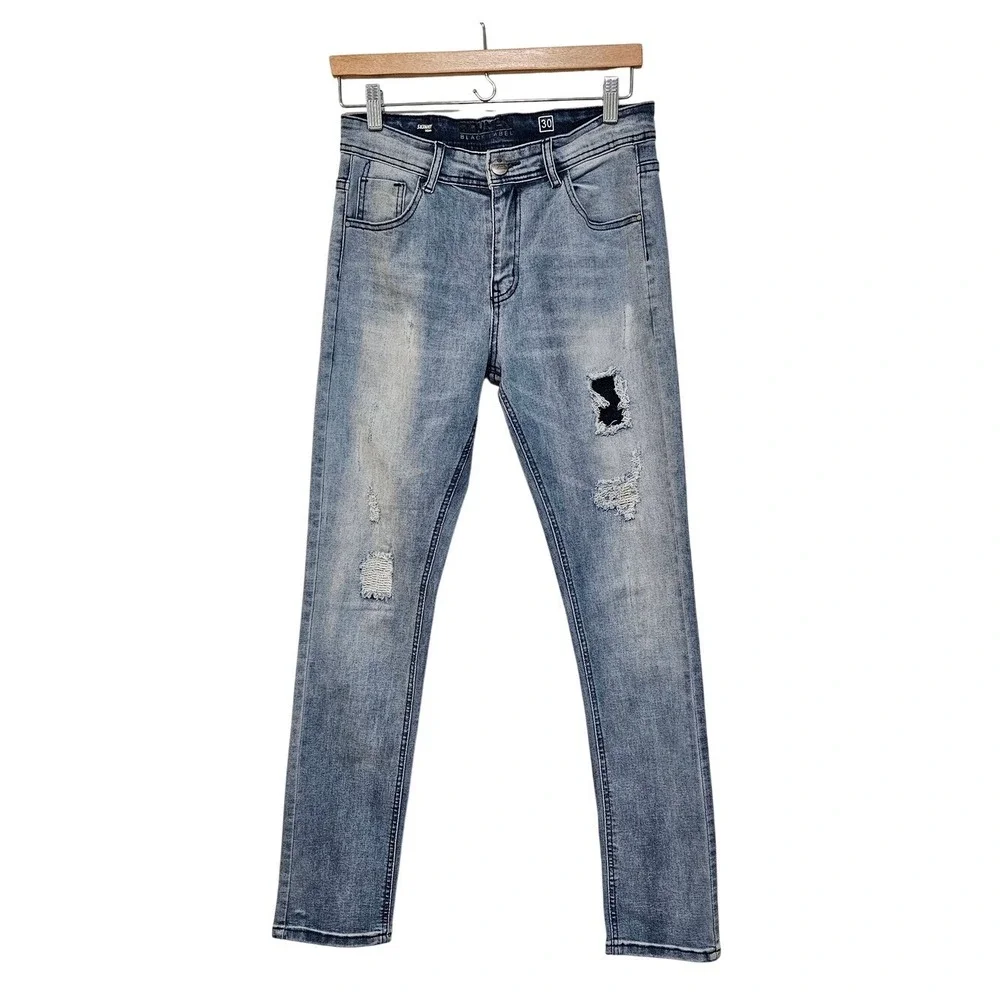 Ravmen Black Label Skinny Jeans Men 30 Light Blue Distressed Ripped Streetwear ~